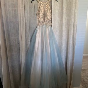 Beige and Blue Tulle Prom Quinceanera or Formal Dress with beaded top